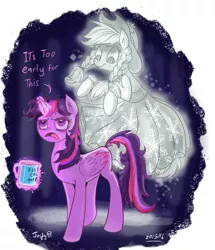 Size: 736x857 | Tagged: safe, artist:jowybean, derpibooru import, applejack, spirit of hearth's warming past, twilight sparkle, twilight sparkle (alicorn), alicorn, earth pony, ghost, pony, undead, twijack weekly, a hearth's warming tail, annoyed, bed mane, female, lesbian, magic, mare, messy mane, mug, open mouth, shipping, smiling, telekinesis, tired, twijack, twilight is not amused, unamused