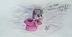 Size: 3264x1669 | Tagged: safe, artist:professionalpuppy, derpibooru import, snowfall frost, starlight glimmer, pony, unicorn, a hearth's warming tail, cute, female, filly, glare, glasses, hat, open mouth, smiling, smirk, solo, top hat, traditional art, younger