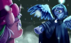 Size: 5000x3000 | Tagged: absurd resolution, a hearth's warming tail, artist:pixelheartart, cloak, clothes, derpibooru import, magic, pointing, princess luna, safe, scene interpretation, snow, snowfall, snowfall frost, spirit of hearth's warming yet to come, spread wings, starlight glimmer, wings