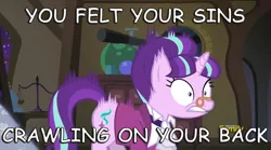 Size: 1364x761 | Tagged: a hearth's warming tail, bad time, caption, comic sans, derpibooru import, edit, edited screencap, image macro, incorporeal, meme, safe, screencap, snowfall frost, starlight glimmer, text, undertale