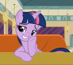 Size: 1441x1269 | Tagged: safe, derpibooru import, screencap, twilight sparkle, twilight sparkle (alicorn), alicorn, pony, the saddle row review, cafe, female, lidded eyes, mare, smuglight sparkle, solo