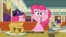 Size: 1280x720 | Tagged: clone, derpibooru import, diane, discovery family logo, forever alone, it's happened and now we can't stop it, lucky breaks, meme, pinkie clone, pinkie pie, sad, safe, screencap, the clone that got away, the saddle row review