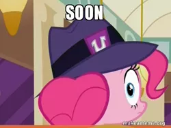 Size: 500x375 | Tagged: caption, clone, derpibooru import, edit, edited screencap, frown, hat, image macro, it's happened and now we can't stop it, looking at you, looking back, meme, pinkie clone, pinkie pie, safe, screencap, solo, soon, text, the clone that got away, the saddle row review, wide eyes