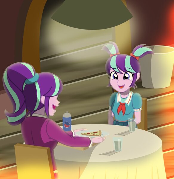 Size: 1024x1053 | Tagged: safe, artist:sumin6301, derpibooru import, snowfall frost, starlight glimmer, a hearth's warming tail, equestria girls, adopted offspring, beverage, chair, clothes, cute, double the glimmer, duality, equestria girls-ified, food, glass, glimmerbetes, glimmerdoption, light, mama starlight, open mouth, parent:starlight glimmer, pizza, restaurant, schoolgirl, self adoption, self paradox, sitting, table, time paradox, whipped cream, younger