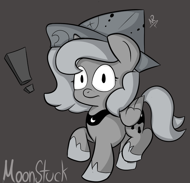 Size: 1560x1500 | Tagged: artist:narmet, cartographer's cap, derpibooru import, exclamation point, female, filly, grayscale, hat, monochrome, moonstuck, princess luna, safe, solo, woona, younger