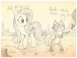 Size: 1306x982 | Tagged: artist:sherwoodwhisper, derpibooru import, dialogue, fluttershy, fox, monochrome, safe, sepia, the fox, what does the fox say?, ylvis