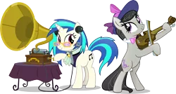Size: 5994x3207 | Tagged: safe, artist:vector-brony, derpibooru import, octavia melody, vinyl scratch, earth pony, pony, unicorn, a hearth's warming tail, absurd resolution, bipedal, bow (instrument), bowtie, cutie mark, female, fiddle, glasses, gramophone, hat, headphones, hooves, horn, looking at each other, mare, music notes, musical instrument, simple background, smiling, sunglasses, table, transparent background, vector, victorian, violin, violin bow, wax cylinder