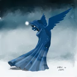 Size: 2000x2000 | Tagged: a hearth's warming tail, artist:baron engel, cloak, clothes, derpibooru import, glowing eyes, magic, princess luna, safe, snow, snowfall, solo, spirit of hearth's warming yet to come, spread wings, wings