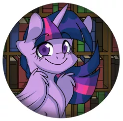 Size: 1280x1252 | Tagged: safe, artist:twisted-sketch, derpibooru import, twilight sparkle, twilight sparkle (alicorn), alicorn, pony, book, button, female, library, mare, smiling, solo