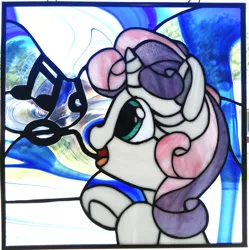 Size: 2905x2916 | Tagged: artist:bobdude0, artist:tjglass, collaboration, derpibooru import, glass, irl, photo, safe, solo, stained glass, stained glass (irl), sweetie belle