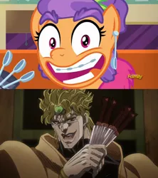 Size: 640x720 | Tagged: comparison, derpibooru import, dio brando, edit, edited screencap, idea, jojo's bizarre adventure, knife, plaid stripes, safe, screencap, spoon, stardust crusaders, the saddle row review, za warudo