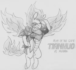Size: 1326x1217 | Tagged: artist:lockerobster, community related, crossover, derpibooru import, dragon, hybrid, longma, monochrome, overwatch, pharah, play of the game, safe, solo, them's fightin' herds, tianhuo