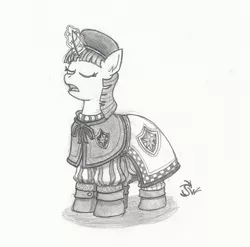 Size: 1577x1556 | Tagged: safe, artist:sensko, derpibooru import, pony, unicorn, clothes, grayscale, mage, magic, monochrome, pencil drawing, simple background, sketch, traditional art, twilight's royal guard, white background