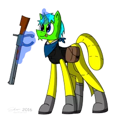 Size: 2027x1920 | Tagged: safe, artist:derpanater, derpibooru import, oc, oc:live "derp" bait, unofficial characters only, pony, unicorn, fallout equestria, digital art, gun, gun shaped object, magic, radiation suit, rifle, smiling, telekinesis, tongue out, weapon