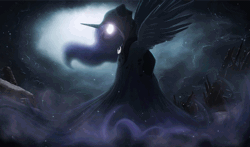 Size: 1000x588 | Tagged: safe, artist:ncmares, artist:theshadowscale, derpibooru import, princess luna, spirit of hearth's warming yet to come, alicorn, pony, a hearth's warming tail, absurd file size, absurd gif size, animated, cloak, clothes, epic, female, gif, glowing eyes, mare, snow, snowfall, solo, wallpaper