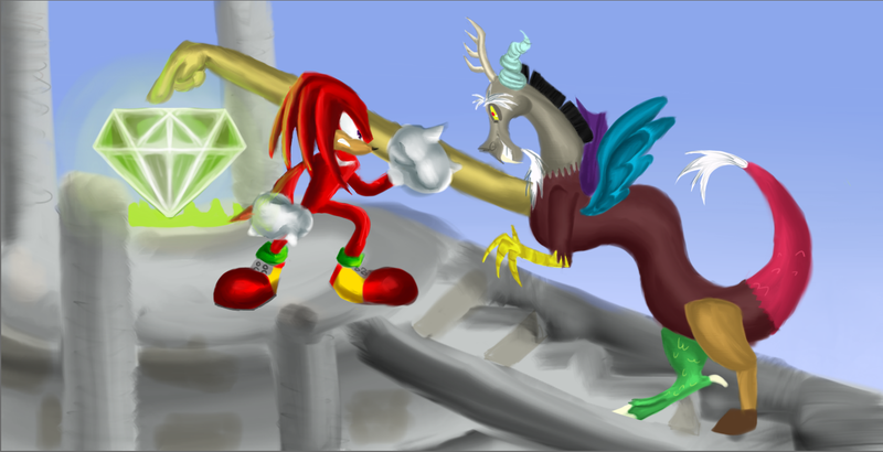 Size: 1433x735 | Tagged: artist:penguin04, crossover, derpibooru import, discord, knuckles the echidna, master emerald, safe, sonic the hedgehog (series)