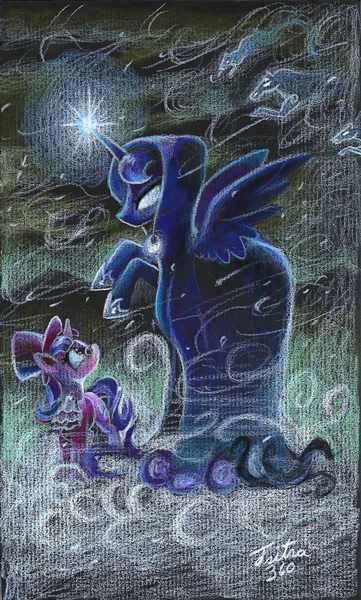 Size: 1024x1703 | Tagged: a hearth's warming tail, artist:tsitra360, blizzard, cloak, clothes, derpibooru import, duo, glasses, glowing eyes, glowing horn, hat, horn, princess luna, safe, scene interpretation, signature, snow, snowfall, snowfall frost, spirit of hearth's warming yet to come, starlight glimmer, top hat, traditional art