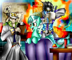 Size: 1750x1450 | Tagged: artist:ebonyinkstone, aura, battle aura, clipboard, commission, crossover, derpibooru import, diamond is unbreakable, globe, jojo's bizarre adventure, jotaro kujo, lyra heartstrings, merpony, safe, seaponified, sea pony, seapony lyra, species swap, stand, star platinum, star platinum: the world