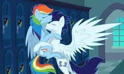 Size: 1024x620 | Tagged: suggestive, artist:colourstrike, derpibooru import, rainbow dash, soarin', pony, newbie dash, female, kissing, locker room, making out, male, neck kiss, shipping, soarindash, straight