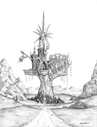 Size: 1100x1445 | Tagged: artist:baron engel, castle, derpibooru import, grayscale, monochrome, no pony, pencil drawing, safe, scenery, scenery porn, traditional art, twilight's castle