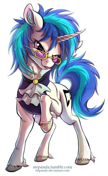 Size: 778x1267 | Tagged: safe, artist:stepandy, derpibooru import, vinyl scratch, pony, unicorn, a hearth's warming tail, clothes, curved horn, female, glasses, horn, looking at you, mare, raised hoof, simple background, solo, tongue out, transparent background, unshorn fetlocks, victorian, victrola scratch, watermark