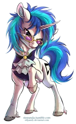 Size: 778x1267 | Tagged: safe, artist:stepandy, derpibooru import, vinyl scratch, pony, unicorn, a hearth's warming tail, clothes, curved horn, female, glasses, horn, looking at you, mare, raised hoof, simple background, solo, tongue out, transparent background, unshorn fetlocks, victorian, victrola scratch, watermark