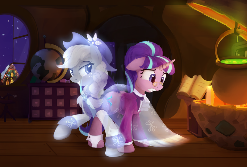 Size: 1657x1123 | Tagged: safe, artist:scootiebloom, derpibooru import, applejack, snowfall frost, spirit of hearth's warming past, starlight glimmer, ghost, pony, undead, a hearth's warming tail, scene interpretation, spirit