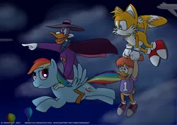 Size: 1500x1060 | Tagged: artist:kirumo-kat, carrying, crossover, darkwing duck, derpibooru import, fox, gosalyn mallard, holding, holding hands, miles "tails" prower, rainbow dash, riding, safe, sonic the hedgehog (series)