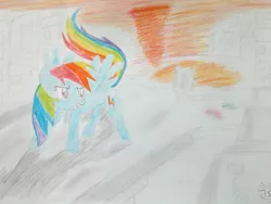 Size: 960x720 | Tagged: safe, artist:sansuke-furry15, derpibooru import, rainbow dash, crisis city, crossover, image, jpeg, solo, sonic '06, sonic the hedgehog, sonic the hedgehog (series), traditional art