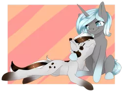 Size: 1021x783 | Tagged: safe, artist:doodle-28, derpibooru import, oc, oc:cookies n' cream, oc:snowy blizzard, unofficial characters only, earth pony, pony, unicorn, blind, couple, female, lesbian, neck nuzzle, nuzzling