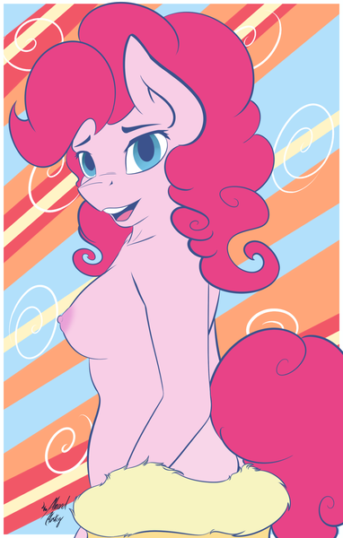 Size: 1222x1920 | Tagged: a hearth's warming tail, anthro, artist:almondhusky, breasts, busty pinkie pie, derpibooru import, female, looking back, nipples, nudity, pinkie pie, questionable, sideboob, solo, solo female, spirit of hearth's warming presents