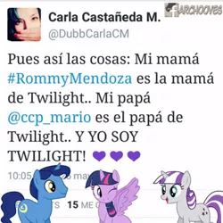 Size: 480x480 | Tagged: safe, derpibooru import, night light, twilight sparkle, twilight sparkle (alicorn), twilight velvet, alicorn, pony, carla castañeda, female, mare, mario castañeda, meta, romelia mendoza, spanish, twitter, voice actor