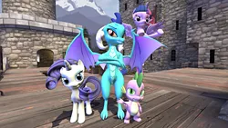 Size: 1280x720 | Tagged: safe, artist:panzerpiel, derpibooru import, princess ember, rarity, spike, twilight sparkle, twilight sparkle (alicorn), alicorn, dragon, pony, 3d, female, mare