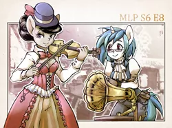 Size: 1280x951 | Tagged: a hearth's warming tail, anthro, artist:hobilo, bowtie, breasts, cleavage, clothes, corset, derpibooru import, female, gramophone, hat, looking at you, musical instrument, octavia melody, safe, vinyl scratch, violin