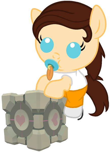 Size: 728x1006 | Tagged: safe, artist:red4567, derpibooru import, ponified, pony, baby, baby pony, chell, companion cube, crossover, cute, pacifier, portal (valve), portal 2, riding, solo