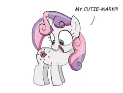 Size: 1030x773 | Tagged: artist:echo-saan, cutie mark, derpibooru import, dialogue, open mouth, safe, simple background, solo, sweetie belle, the cmc's cutie marks, white background