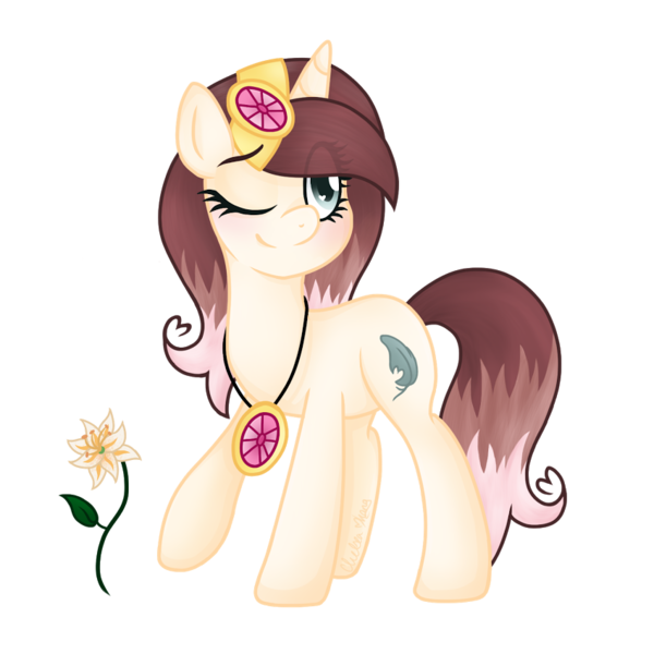 Size: 849x849 | Tagged: artist:chelseaz123, derpibooru import, digital art, flower, lily (flower), oc, oc:cindy, one eye closed, original species, raised hoof, safe, simple background, solo, transparent background, unofficial characters only, wink