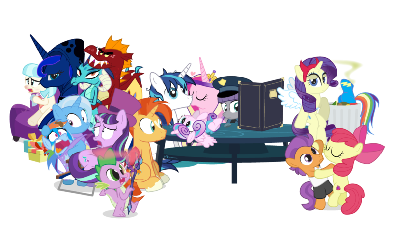 Size: 1100x647 | Tagged: safe, artist:dm29, derpibooru import, apple bloom, boulder (pet), coco pommel, garble, maud pie, princess cadance, princess ember, princess flurry heart, princess luna, rainbow dash, rarity, shining armor, snowfall frost, spike, spirit of hearth's warming yet to come, starlight glimmer, sunburst, tender taps, trixie, dragon, pony, unicorn, a hearth's warming tail, gauntlet of fire, newbie dash, no second prances, on your marks, the crystalling, the gift of the maud pie, the saddle row review, angel rarity, backwards cutie mark, beach chair, clothes, cold, couch, crossing the memes, cutie mark, dancing, devil rarity, emble, female, filly, garble's hugs, hat, hearth's warming, male, mare, meme, menu, now you're thinking with portals, portal, present, rainbow trash, shipping, simple background, straight, tenderbloom, the cmc's cutie marks, the meme continues, the story so far of season 6, this isn't even my final form, top hat, transparent background, trash can, uniform, wonderbolts uniform