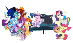 Size: 1100x647 | Tagged: safe, artist:dm29, derpibooru import, apple bloom, boulder (pet), coco pommel, garble, maud pie, princess cadance, princess ember, princess flurry heart, princess luna, rainbow dash, rarity, shining armor, snowfall frost, spike, spirit of hearth's warming yet to come, starlight glimmer, sunburst, tender taps, trixie, dragon, pony, unicorn, a hearth's warming tail, gauntlet of fire, newbie dash, no second prances, on your marks, the crystalling, the gift of the maud pie, the saddle row review, angel rarity, backwards cutie mark, beach chair, clothes, cold, couch, crossing the memes, cutie mark, dancing, devil rarity, emble, female, filly, garble's hugs, hat, hearth's warming, male, mare, meme, menu, now you're thinking with portals, portal, present, rainbow trash, shipping, simple background, straight, tenderbloom, the cmc's cutie marks, the meme continues, the story so far of season 6, this isn't even my final form, top hat, transparent background, trash can, uniform, wonderbolts uniform