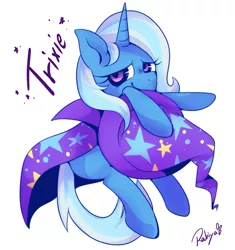 Size: 1377x1465 | Tagged: safe, artist:setoya, derpibooru import, trixie, pony, unicorn, cape, clothes, female, hat, looking at you, mare, smiling, solo, trixie's cape, trixie's hat