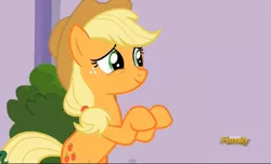 Size: 891x543 | Tagged: air quotes, applejack, applejack's "day" off, derpibooru import, discovery family logo, safe, screencap, solo