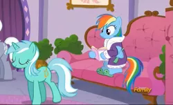 Size: 891x543 | Tagged: applejack's "day" off, clothes, derpibooru import, discovery family logo, lyra heartstrings, rainbow dash, royal riff, safe, screencap, slippers, tank slippers