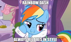 Size: 824x487 | Tagged: safe, derpibooru import, edit, edited screencap, screencap, lavender essence, rainbow dash, applejack's "day" off, bathrobe, caption, clothes, cute, dashabetes, discovery family logo, image macro, meme, parody, rainbow dash always dresses in style, robe, spa, text