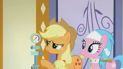 Size: 1594x894 | Tagged: aloe, applejack, applejack's "day" off, derpibooru import, discovery family logo, safe, screencap, steam gauge