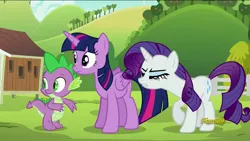 Size: 1920x1080 | Tagged: safe, derpibooru import, screencap, rarity, spike, twilight sparkle, twilight sparkle (alicorn), alicorn, pony, applejack's "day" off, discovery family logo, female, mare