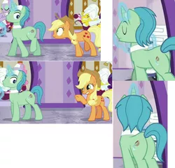 Size: 1471x1420 | Tagged: safe, derpibooru import, screencap, applejack, birch bucket, bulk biceps, carrot cake, cup cake, lavender essence, rarity, pony, applejack's "day" off, butt, female, mare, out of context, plot, spa pony, spa worker, the ass was fat