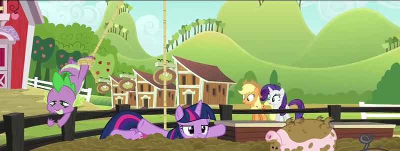 Size: 1269x480 | Tagged: safe, derpibooru import, edit, edited screencap, screencap, applejack, rarity, spike, twilight sparkle, twilight sparkle (alicorn), alicorn, dragon, pig, pony, applejack's "day" off, faceplant, fail, female, male, mare, mud, pigsty, rope