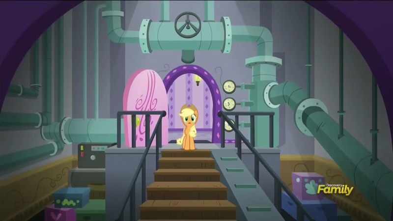 Size: 1280x720 | Tagged: applejack, applejack's "day" off, derpibooru import, discovery family logo, laundry room, looking at you, pipes, safe, screencap, spa, valve