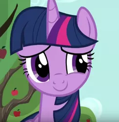 Size: 426x436 | Tagged: safe, derpibooru import, screencap, twilight sparkle, twilight sparkle (alicorn), alicorn, pony, applejack's "day" off, apple, apple tree, bust, cropped, portrait, smiling, solo, tree