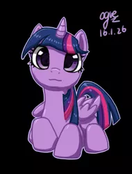 Size: 2480x3271 | Tagged: safe, artist:ogre, derpibooru import, twilight sparkle, twilight sparkle (alicorn), alicorn, pony, black background, cute, pixiv, prone, simple background, solo, twiabetes